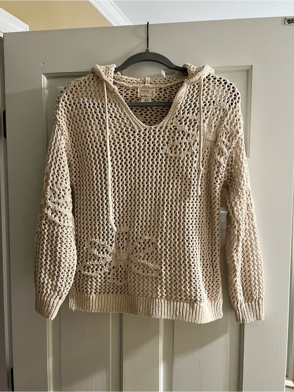 Nicole Miller Cream Crochet V-Neck Hooded Sweater